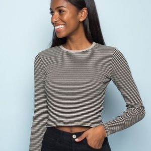 Brandy Melville Cropped Long Sleeve Santana Top, Tan/White/Black Striped